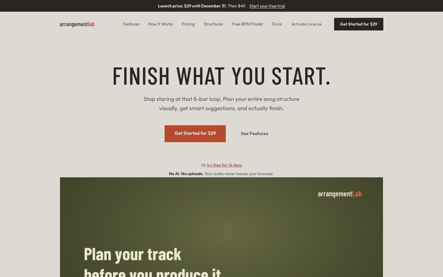 arrangementLab home page: Finish what you start, with launch pricing and a free trial