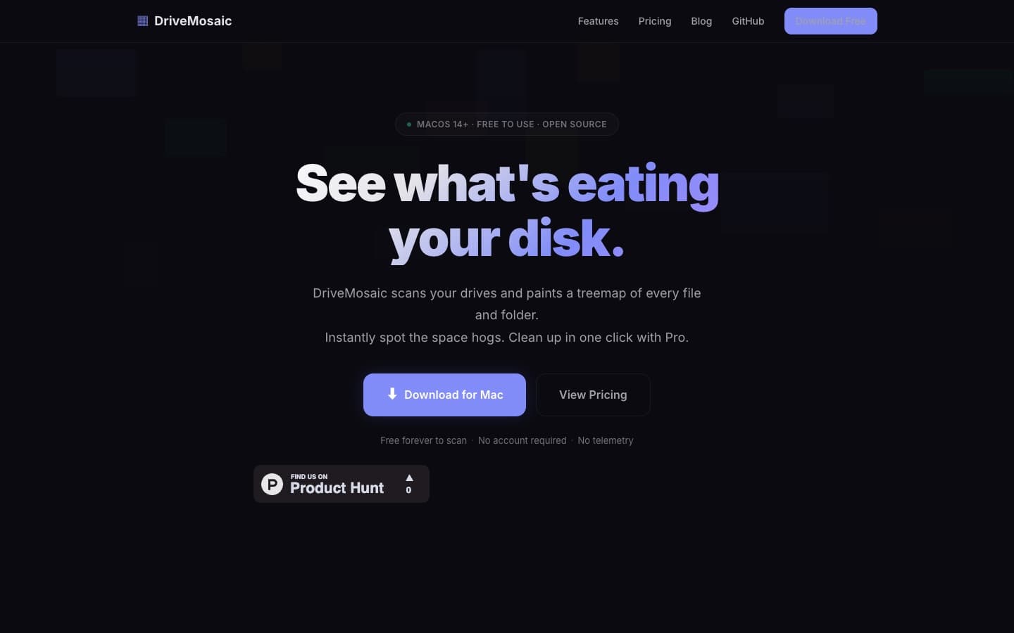 DriveMosaic home page: See what's eating your disk, with a download button for Mac