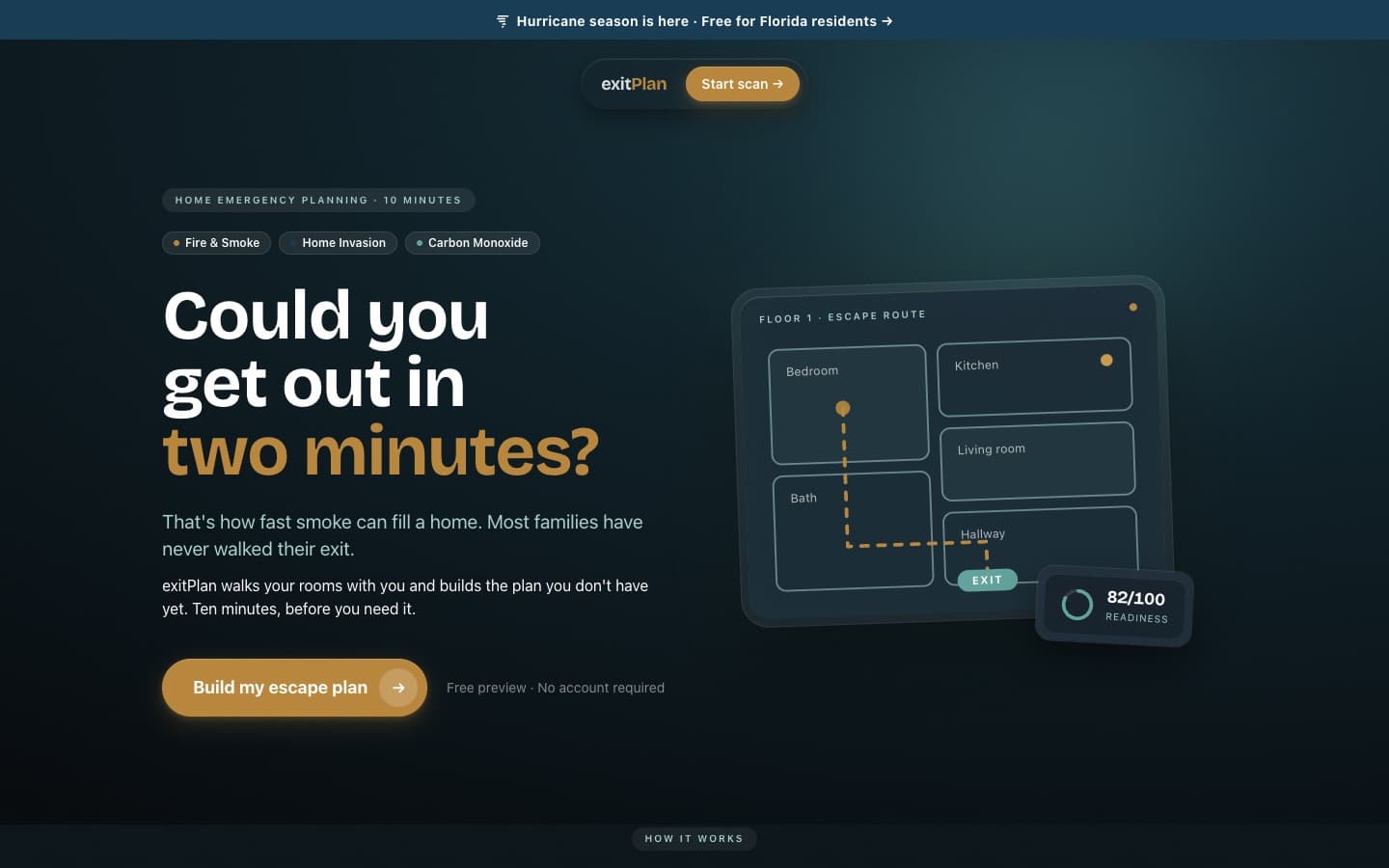 exitPlan home page: a floor plan with an escape route and an 82 out of 100 readiness score